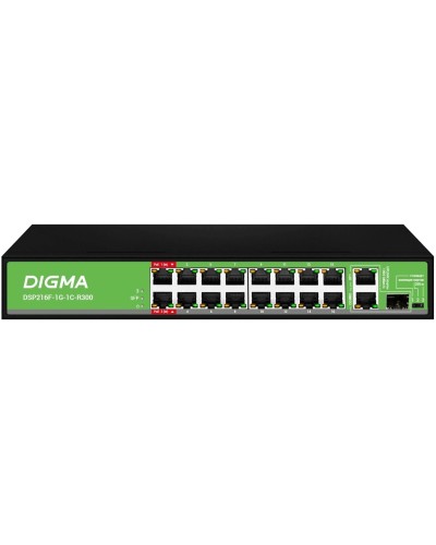 DSP216F-1G-1C-R300 (L2) 16х100Мбит/с 1х1Гбит/с 1хКомбо(1000BASE-T/SFP) 16PoE 16PoE+ 2PoE++ 300W. Коммутатор с питанием по PoE. Digma в Ангарске