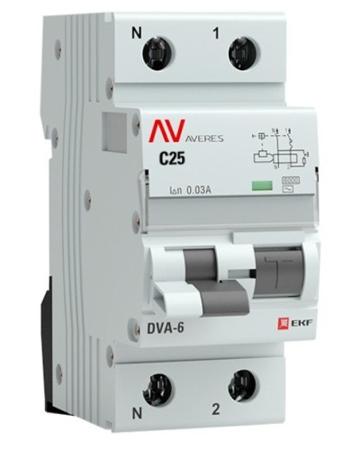 DVA-6 1P+N 25А (C) 30мА (AC) 6кА  AVERES (rcbo6-1pn-25C-30-ac-av). Автоматический выключатель дифференциального тока. EKF в Ангарске