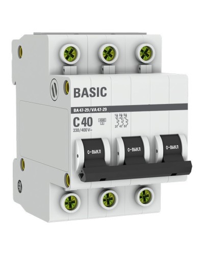 Автоматический выключатель 3P 40А (C) 4,5кА ВА 47-29 Basic (mcb4729-3-40C). Автоматический выключатель. EKF в Ангарске