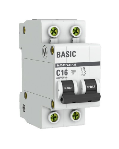 Автоматический выключатель 2P 16А (C) 4,5кА ВА 47-29 Basic (mcb4729-2-16C). Автоматический выключатель. EKF в Ангарске