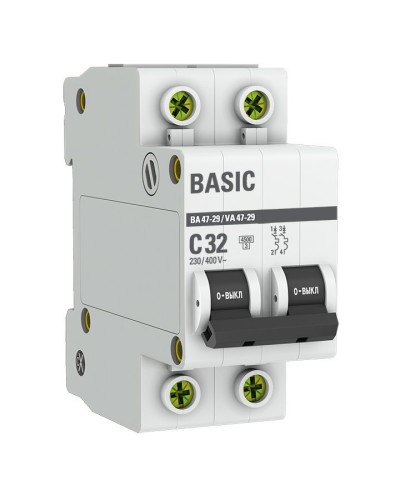 Автоматический выключатель 2P 32А (C) 4,5кА ВА 47-29 Basic (mcb4729-2-32C): Автоматический выключатель в Ангарске