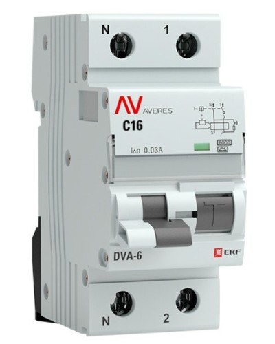 DVA-6 1P+N 16А (C) 30мА (AC) 6кА  AVERES (rcbo6-1pn-16C-30-ac-av). Автоматический выключатель дифференциального тока. EKF в Ангарске