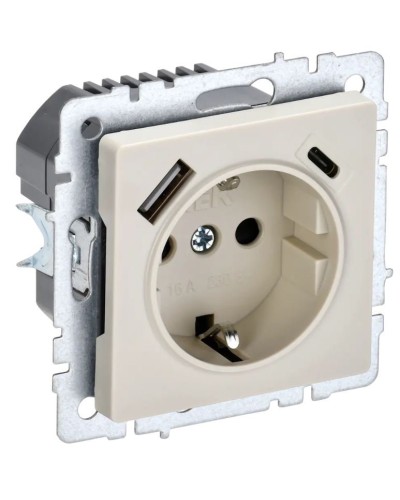 Розетка с з/к с USB A+C 18Вт РЮш11-1-БрКр бежевый BRITE (BR-R14-16-U22-018-K10). Розетка с заземлением с защитными шторками, 18Вт. IEK в Ангарске