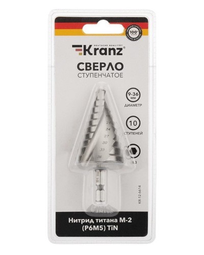 Сверло по металлу ступенчатое ТИТАН 9,0-36,0 мм 110 mm 65 HRC Р6М5 TiN Kranz (KR-12-6614): Сверло по металлу шлифованное в Ангарске