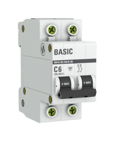 Автоматический выключатель 2P 6А (C) 4,5кА ВА 47-29 Basic (mcb4729-2-06C). Автоматический выключатель. EKF в Ангарске