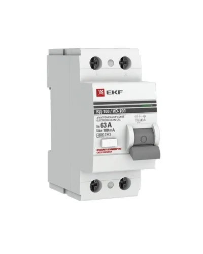 УЗО ВД-100 2P 63А 100мА тип AC эл-мех  PROxima (elcb-2-63-100-em-pro). Выключатель дифференциального тока (УЗО). EKF в Ангарске
