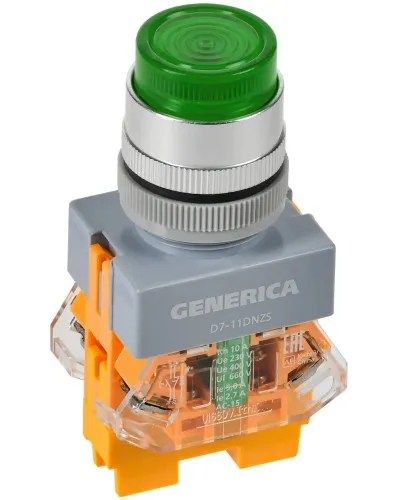Кнопка D7-11DNZS d=22мм зеленая GENERICA (BBT50-11DNZS-3-11-K06-G). Кнопка управления с подсветкой и фиксацией. IEK в Ангарске