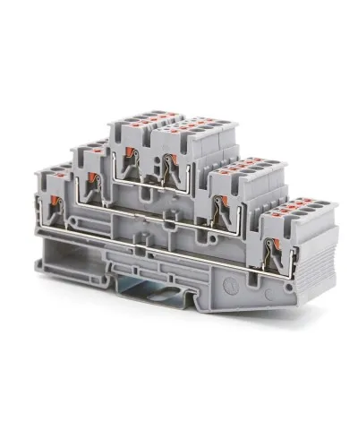 Клемма трехуровневая, зажим push-in, 2.5 кв.мм, серая (VPR-2.5-3L-GY). Клемма проходная, 6 точки подключения. ДКС в Ангарске